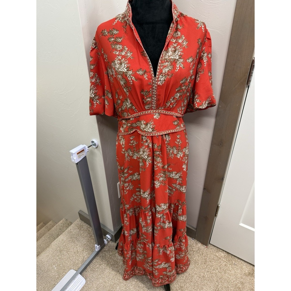 Max Studio Lg Red Floral Tiered Maxi Dress Georgette Oriental Print Maxi Deep V
